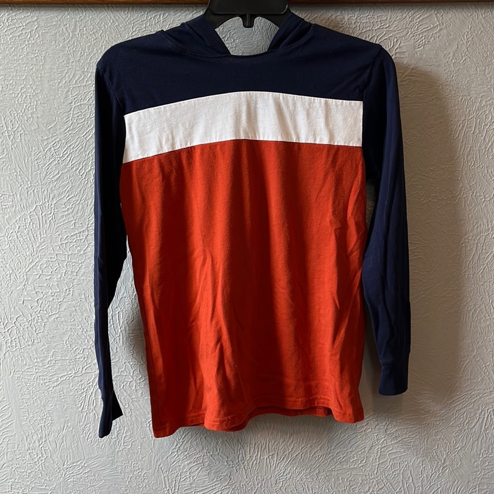 Boys Colorblock Hoodie Top Blue/White/Orange Size L 10/12 Excellent Condition